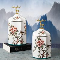 Color Flower Bird Golden Deer Candy Jar Ceramic Storage Bottle Household Nut Tea Tin Moisture-proof Storage Box Porcelain Crafts