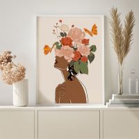 Flower Woman Head Canvas Poster Nordic Black Skin Boho Wall Art Prints Painting Modern Decorative Picture Living Room Decoration