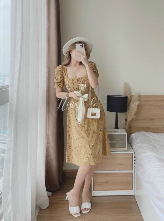 Sales FreeShip] Đầm vintage hoa nhí Hàn Quốc có mút, đầm nữ tay ...