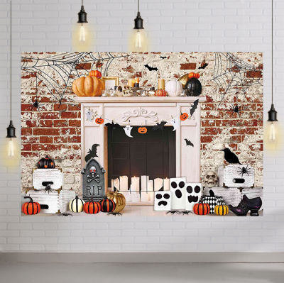 Halloween Fireplace Backdrop for Kids Photography Old Red Brick Wall Indoor Holiday Tombstone Pumpkin Bat Spider Party Banner