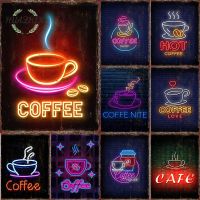 Neon Coffee Metal Tin Sign Retro Poster Cofe Time Print Plaque Vintage Kitchen  Bar Club Cafe Door Plate Art Wall Decoration  Power Points  Switches S