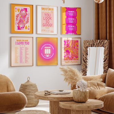 Trendy Retro Aesthetic โปสเตอร์และภาพพิมพ์-สีส้มสีชมพู Preppy Y2k อ้าง Wall Art ภาพวาดผ้าใบสำหรับ Dorm Room Decor