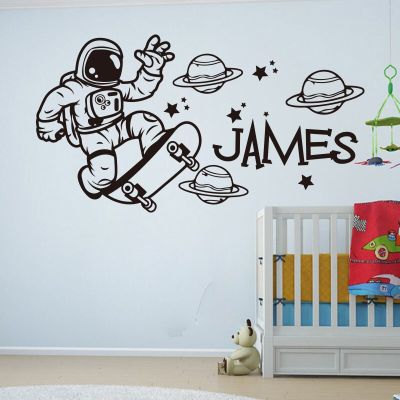 Cartoon Custom Name  Astronaut Skateboard Planets Star Wall Sticker Boy Room Kids Room Space Astronaut Skate Wall Decal Vinyl
