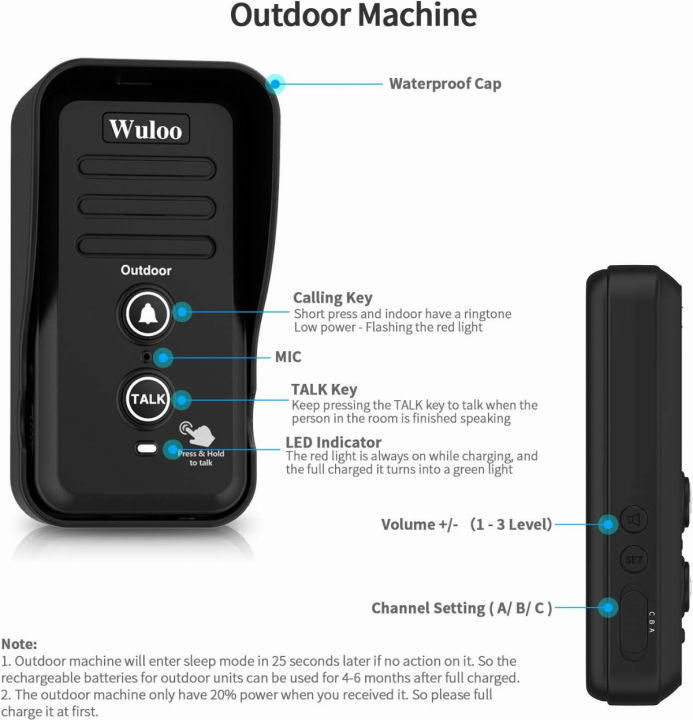 wuloo-wireless-intercom-doorbells-for-home-classroom-intercomunicador-waterproof-electronic-doorbell-chime-with-1-2-mile-range-3-volume-levels-rechargeable-battery-black-1-amp-1-1t1-black