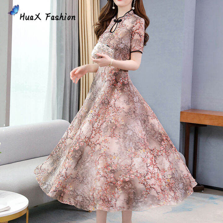 huax-เสื้อผ้ากุลสตรีรูปแบบดอกไม้กลางความยาวสั้น-ชุดกีเพ่าแขนสั้นชุดสี-สีเขียวขนาด-m