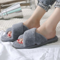 Women Fashion Warm Fluffy Slippers Cozy Faux Fur Cross Indoor Floor Slides Flat Soft Furry Ladies Female Celebrities Flip Flops