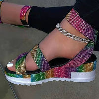 Summer 2021 Crystal Bling Sandals Womens Thick Bottom Wedges Ladies Comfort Footwear Plus Size 36-43 Female Beach Shoes White