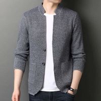 ZZOOI Sweater Knit Cardigan Jacket Suit Collar Spring and Autumn Solid Color Buttons Casual Business Long-sleeved Loose Sweater Men