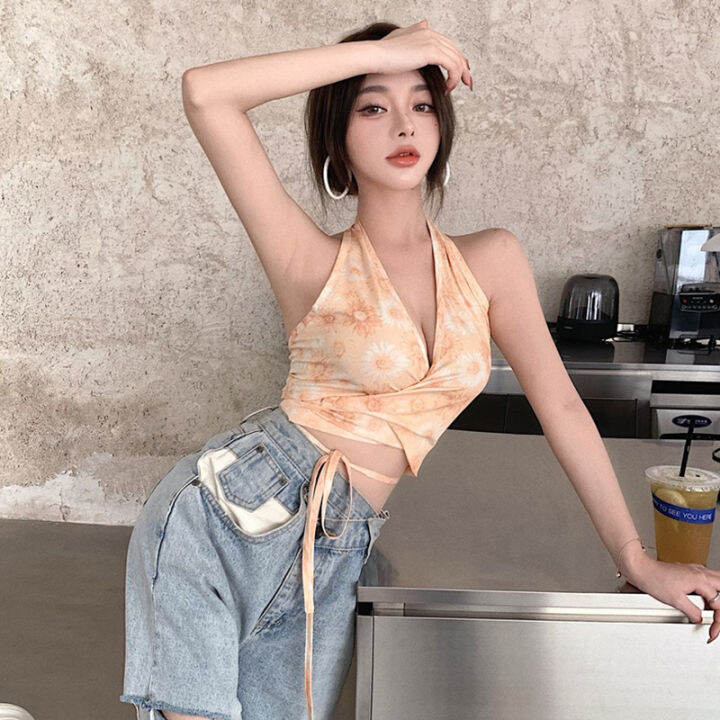 ฤดูร้อนสวมใส่บริสุทธิ์ปรารถนาสาวฮอตสไตล์ฝรั่งเศสดอกไม้ผ้าพันแผลขนาดเล็กยกทรงหญิงด้านบนท่อแขนกุดเชือกแขวนคอความงามกลับtop