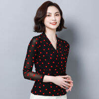 Women Spring Summer Style Lace Blouses Shirts Lady Casual V-Neck Polka Dot Printed Lace Blusas Tops DD8051