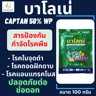 บาโลเน่ พิทสุลิน 100 กรัม(แคปแทน 50% WP)  ป้องกันกำจัด เชื้อราในพืชทุกชนิด โรคเน่าดำ โรคเน่าสีน้ำตาล โรคใบจุด โรคราน้ำค้าง