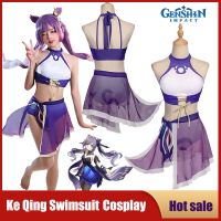 Anime Game Genshin Impact Cosplay Costume Keqing Swimming Dress Sexy Bikini Women Girl Swimsuit Party Wig Bathing Suit Swimwear