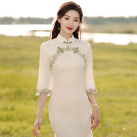 Cheongsam 2022แขนยาวอารมณ์อ่อนเยาว์ระดับไฮเอนด์ที่เรียบง่ายและสง่างามระดับไฮเอนด์ที่สง่างามในชีวิตประจำวันสวมใส่ย้อนยุค