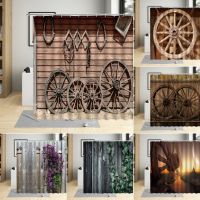 Barn Wood Wagon Wheel Shower Curtain Vintage Wood Grain Rustic Wall Fabric Farmhouse Bath Curtains Waterproof Bathroom Decor