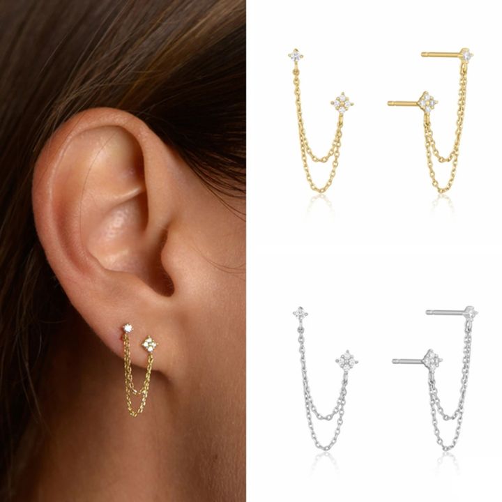 Buy Double Stud Earring With Chain Gold Chain Earrings Chain Stud Earring  Flower Stud Earrings Double Piercing Earring Sterling Silver Online in  India - Etsy