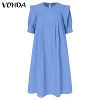 Vonda ชุดเดรสสั้นสําหรับสตรีแขนสั้นคอกลมสีพื้นสไตล์เกาหลีสีพื้นทรงหลวม