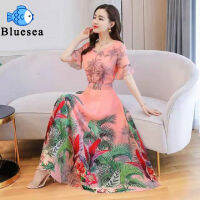 Women Dress V-neck Short-sleeved Bright Colorful Plants Printed Waist-slimming Mid-length Seaside Beach Skirt for Summer