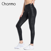 Charmo Womens Faux Leather Athletic Leggings Leopard Print Tummy Control Workout Yoga Pants Inner Waistband Pocket Sports Pants