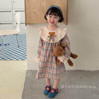 Bear embroidery girls dress plaid ruffled long-sleeved children collection 2020 stationkids