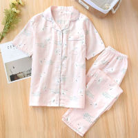 Japanese style simple short women female 100 cotton gauze short sleeve trousers ladies pajamas suit cute pajamas sets home