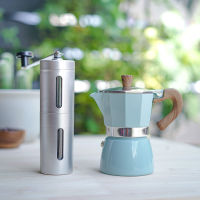 (สีฟ้า) ชุดหม้อต้มกาแฟสด มอคค่าพอท moka pot 3cup + เครื่องบดเมล็ดกาแฟ มือหมุน