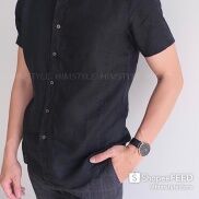 HIMSTYLE Áo Sơ Mi Nam Tay Ngắn Không Túi Linen Tưng Màu Đen
