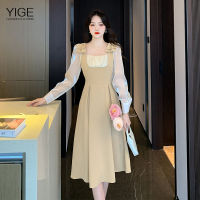 YIGE 2022ฤดูใบไม้ร่วงใหม่สีดำอารมณ์ยาวกระโปรงหวานโบว์ตาข่ายแขนยาวคอสี่เหลี่ยมชุดเอวและชุด A-Line บาง