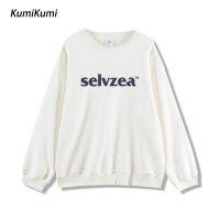 เสื้อสเวตเชิ้ตแขนยาวที่เรียบง่ายคอกลมสีขาวของผู้หญิง KUMI ทรงหลวม