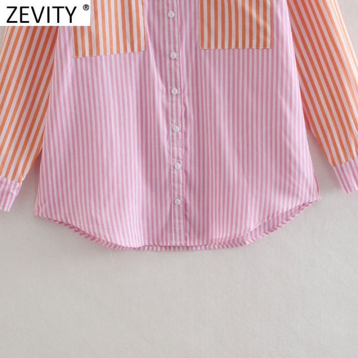 zevity-women-vintage-striped-patchwork-print-breasted-shirt-femme-color-match-casual-loose-blouse-chic-summer-pocket-tops-ls9150