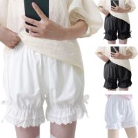 Women Girls Vintage Lolita Bloomers Loose Pumpkin Pants Solid Color Ruffled Lace Hem Sweet Bowknot Elastic Waist Security Shorts