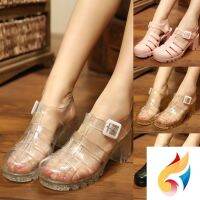 COD DSFGRTUTYIII Korean Version Jelly Shoes Female Sandals Summer Students Transparent Crystal Plastic High-Heeled Roman Anti-Slip Baotou Beach Seaside1