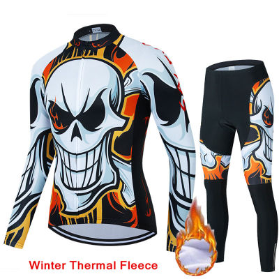Skull Pattern Winter Cycling Clothes Jersey Suit Sport Riding Bike MTB Men Thermal Fleece Cycling Clothings Bib Pants Set