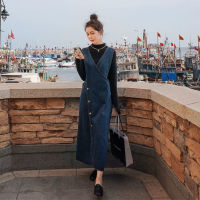 Spring Autumn New Women Denim Dress Suspenders Large Silhouette Dress Baggy Long Cheongsam Single-breasted Sleeveless Streetwear