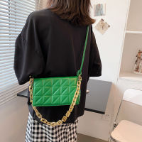 Quilting PU Leather Crossbody Bag for Women 2021 Summer Travel Trends Baguette Shoulder Purses and Handbags Thick Chain Green