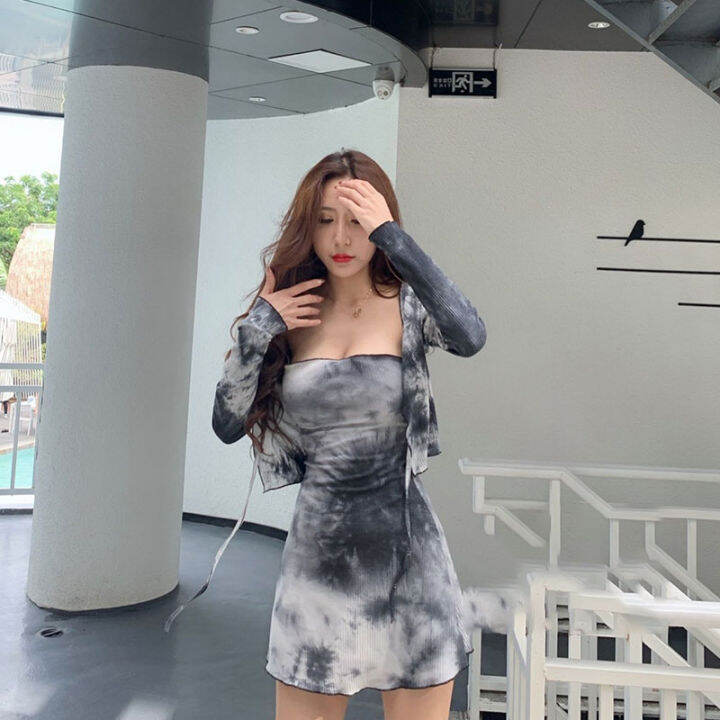 พร้อมส่ง-mini-dress-ชุดเดรสกระโปรง-เดรสเกาะอก-เสื้อคาร์ดิแกนแขนยาว-ชุดเดรสผู้หญิงเซ็กซี่