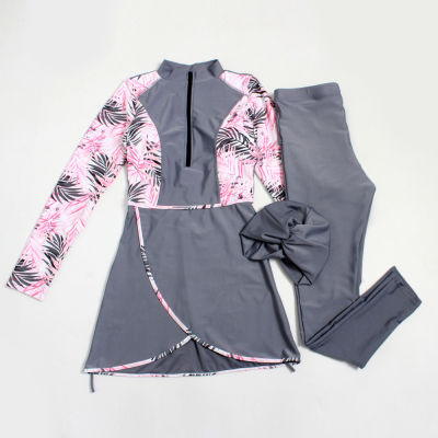 2021 Muslim Three Piece Swimwear with Chest Cushion Conservative Modest Clothing Women Long sleeve Swimsuit Cover Up Beachwear L