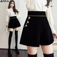 2023 High Waist black Womens Office Shorts Wide Legged A-Line Golden velvet Shorts Female Korean Style Casual Short Pants S-5XL