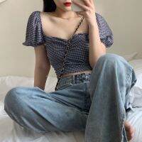 Crop tops 格子方领泡泡袖衬衫2020夏新款韩版褶皱高腰短款露脐短袖上衣女潮