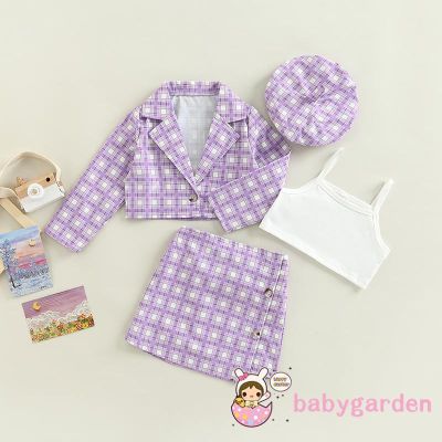 Babygarden- เสื้อแจ็กเก็ตแขนยาว ลายสก๊อต และกระโปรง และหมวกเบเร่ต์ สําหรับเด็กผู้หญิง อายุ 3-7 ปี 4 ชิ้น