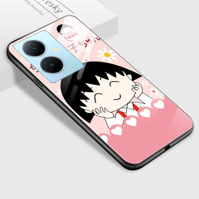 GGK เคสสำหรับ Vivo Y78 5G Y78 + 5G การ์ตูนญี่ปุ่นอะนิเมะ Chibi Maruko สติ๊กเกอร์ซากุระโมโมโกะเคสมือถือ GGK สำหรับเด็กผู้หญิงกระจกนิรภัยมันวาวฝาหลัง