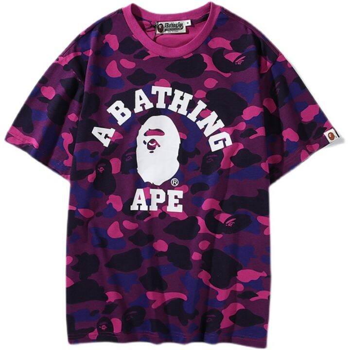 เสื้อยืดคู่รักญี่ปุ่น-bape-แขนสั้น5แถบผู้ชาย-เสื้อยืดคู่กันหัวลายพราง-velcro-ผ้าฝ้ายขนาดใหญ่บริสุทธิ์