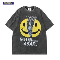 TIDESHEC Washed T-Shirt Mens European American Style Oversized Crack Smile Graphic Print T-Shirt Retro 2022 Summer Short Sleeve