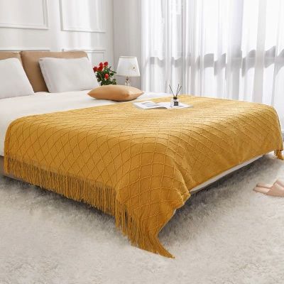【Ready】🌈 Retro simple bed towel ins homestay bed flag cover hotel apartment high-end decoration rhombus jacquard tassel