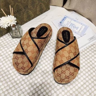 ❖☌ [Sun flower] Top Re-Engraved gucc Ready Stock 2021 New Style Cross Thick-Soled Heel Half Drag Outer Wear Sandals Large Size 44 Womens Slippers