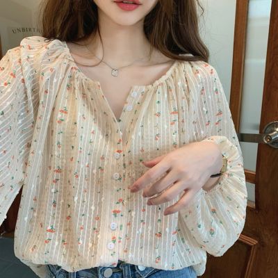 Early Spring And Autumn Fresh Chiffon Floral Shirt Womens Design Sense Niche Chic Thin Hong Kong Style Long Sleeve Top For Summer