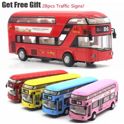 1:32 Sound And Light Metal Alloy Double-Decker Tour London City Bus Pull Back Car Kids Christmas Gift With Road Signs