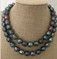 Pretty Natural Genuine 10-12mm tahitian black Green baroque pearl necklace 34