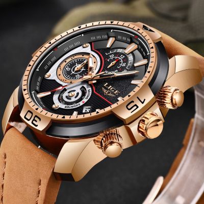 2022 LIGE Mens Watches Top nd Luxury Casual Leather Quartz Clock Male Sport Waterproof Watch Gold Watch Men Relogio Masculino