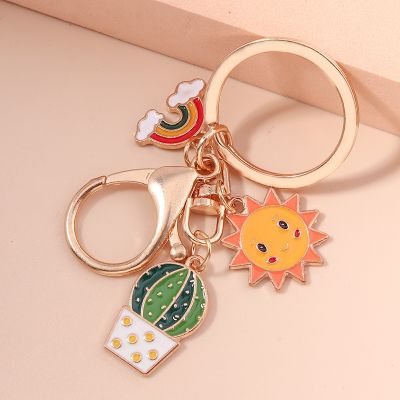 Cute Enamel Keychain Sun Rainbow Cloud Cactus Key Ring Plant Key Chains For Women Men Handbag Accessories DIY Jewelry Gifts