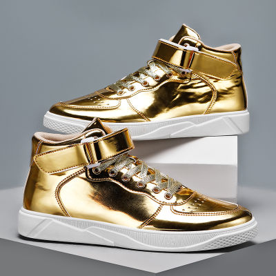 Luxury Gold Men Shoes Patent Leather Designer Sneakers Men High top Mirror Shoes Hip-hop Mens Casual Shoes zapatillas hombre